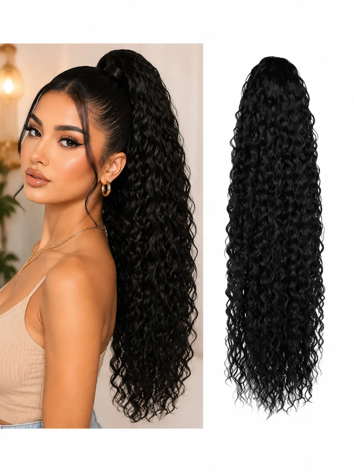 Synthetic Wig 24inch Long Curly Wave Adjustable Drawstring Ponytail HairPieces Extension Heat Resistant Clip in For Women Girl