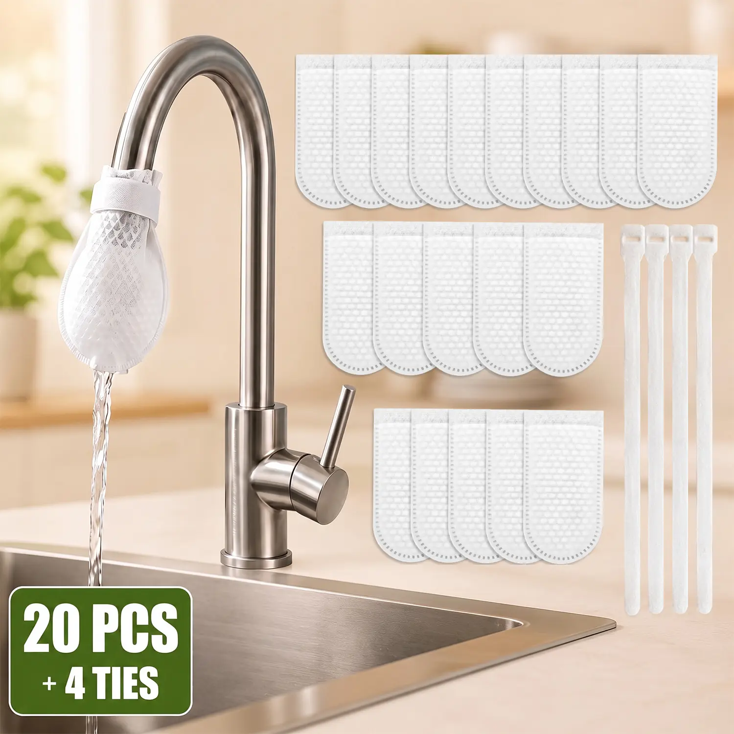 20PCS Faucet Filter Cotton Bag, High Density Faucet Filter Bag with 4 Ties, Universal Anti-Splash Water Filter, Faucet Sediment Filter for Kitchen Bathroom Sink