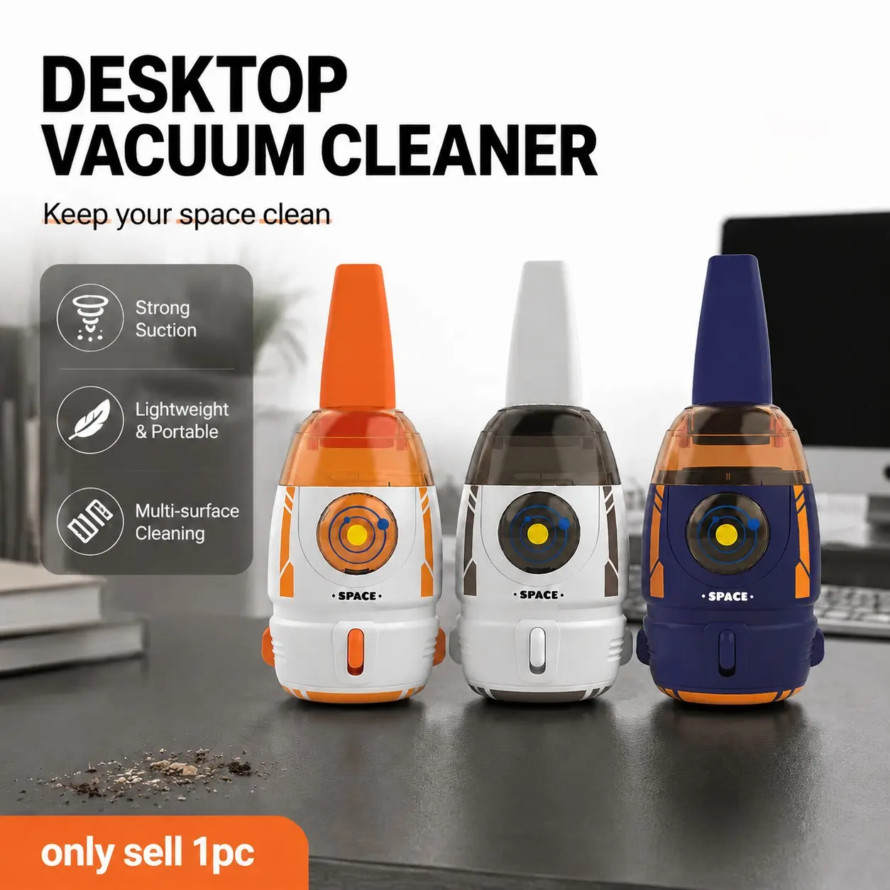Creative Space Rocket Mini Portable Desktop Vacuum Cleaner, Strong Dust Collection, 500mah Rechargeable Battery, Office Desk Keyboard Cleaning Gift