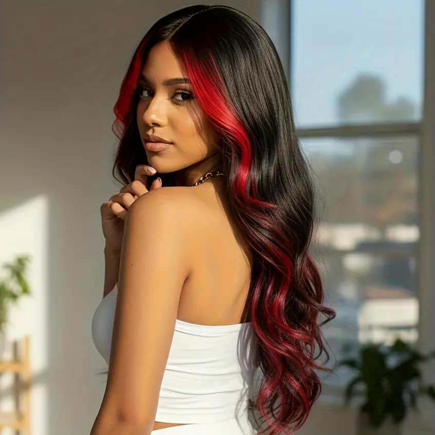 Women's 24-Inch Long Wavy Wig, Black and Red Synthetic Hair for Cosplay, Role-Playing, and Halloween Aesthetic, Heat Resistant, Cosplay Ready