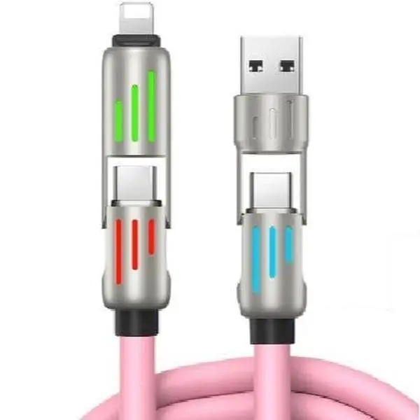 Multi-Device Charger, Pink Braided 4-in-1 Universal USB Cable with LED Light, 240W Fast Charge for Cellphone with USB-C/Type A, 6.6 ft, Usb Type-C