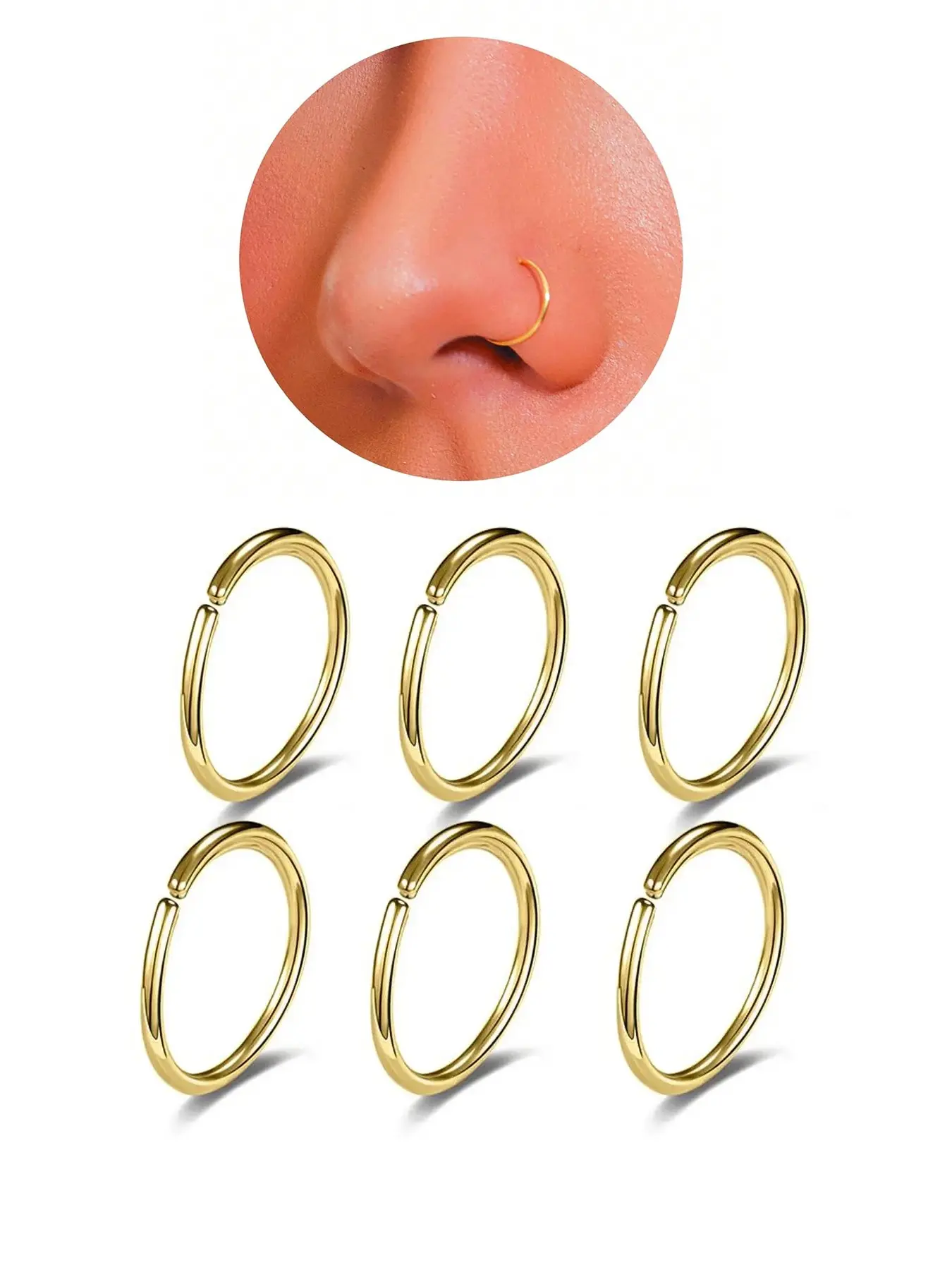 316L Surgical Steel Seamless Nose Ring Hoop Set, Hypoallergenic Reusable Plain Nose Hoops for Nostril Septum Helix Cartilage Ear Piercing Jewelry Combo, Hypoallergenic Septum Rings, Gold Silver Black Multi Color Pack