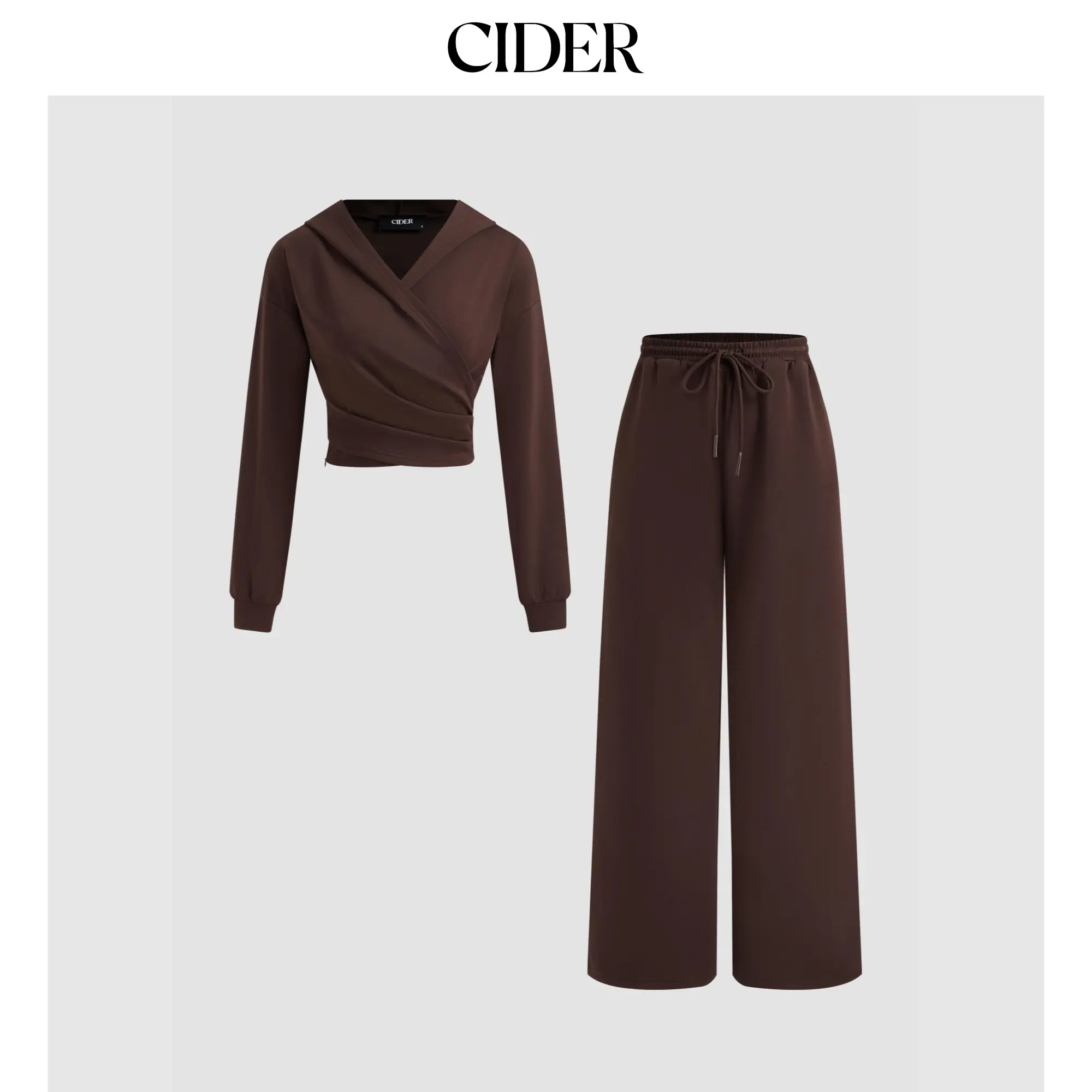Cider [3 colors, size 2-10] Cotton-blend Solid Ruched Hoodie & Mid Rise Elastic Waist Knotted Straight Leg Trousers Set