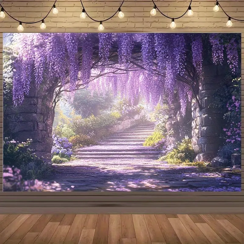 Polyester Lavender Floral Prints Garden Path Backdrop Fabric (1 Piece) - Hangable Party Banner, Photography Prop, Ceremony Decor with Lilac Flowers & Dreamy Arches Design
