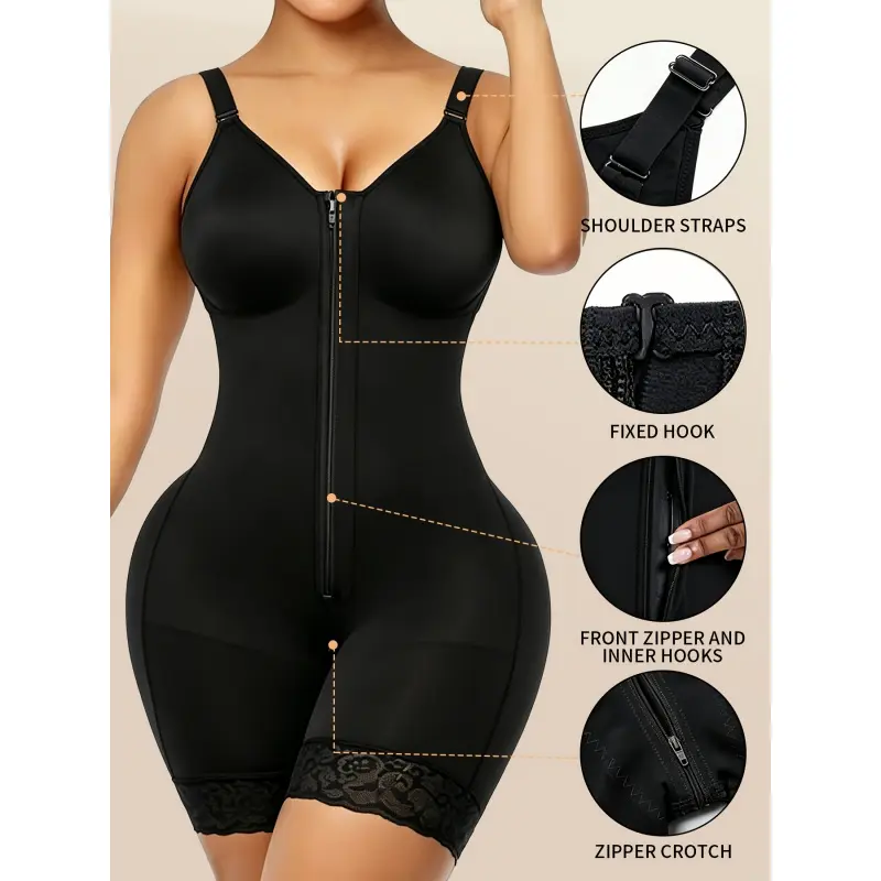 1pc Women's Elegant Polyamide-Elastane Knit Solid Jegging Shapewear Bodysuit - High Elasticity, Full Coverage, Non-Slip Lace Thighs, Front Zipper, Tummy Control, Butt Lift, Open Crotch for Gym, Dance, 1 Pc, Strength Cotton Polyamide