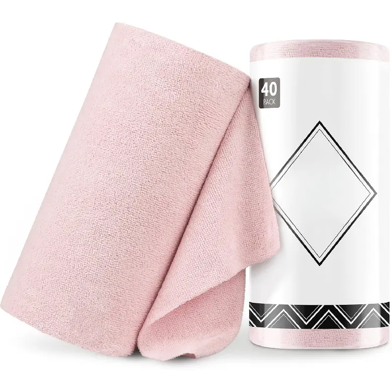 Smooth Lint-Free Reusable Roll Microfiber Cleaning Cloth - 40 Pack Tear-Away 12"x12" Washable Ultra Absorbent Towels for Garage, Kitchen Cleaning Supplies (Pink)