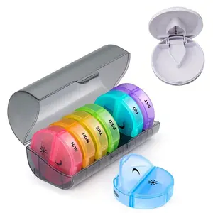 Two-In-One Combo Kit: Large 7-Day Am Pm Detachable Weekly Pill Organizer + Portable Pill Cutter Divider, Multi-Color Travel Medicine Storage Box