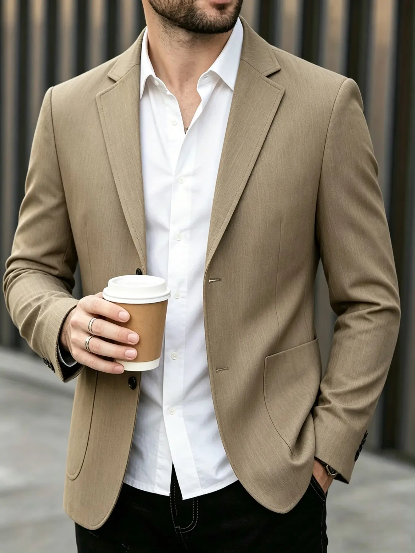 Slim Fit Men's Casual Fashion Solid Color Wrinkle-Resistant Iron-Free Single Button Suit Jacket, Casual Fashionable Jacket, Trendy Business Wear Top for Men