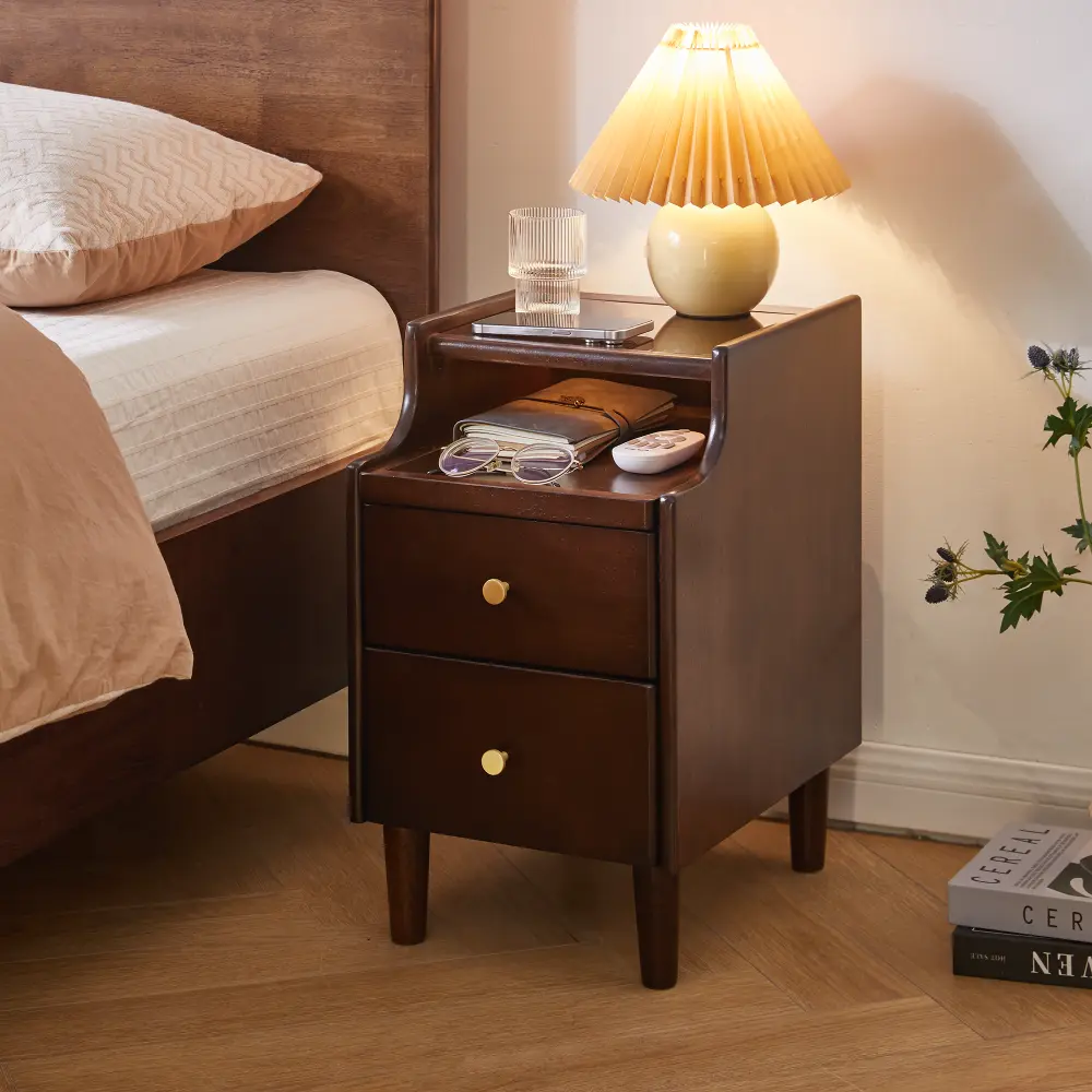 Littleox Solid Wood Nightstand with Two Drawers and Pull-out Panel Storage Bedside Table and Sofa Side Table