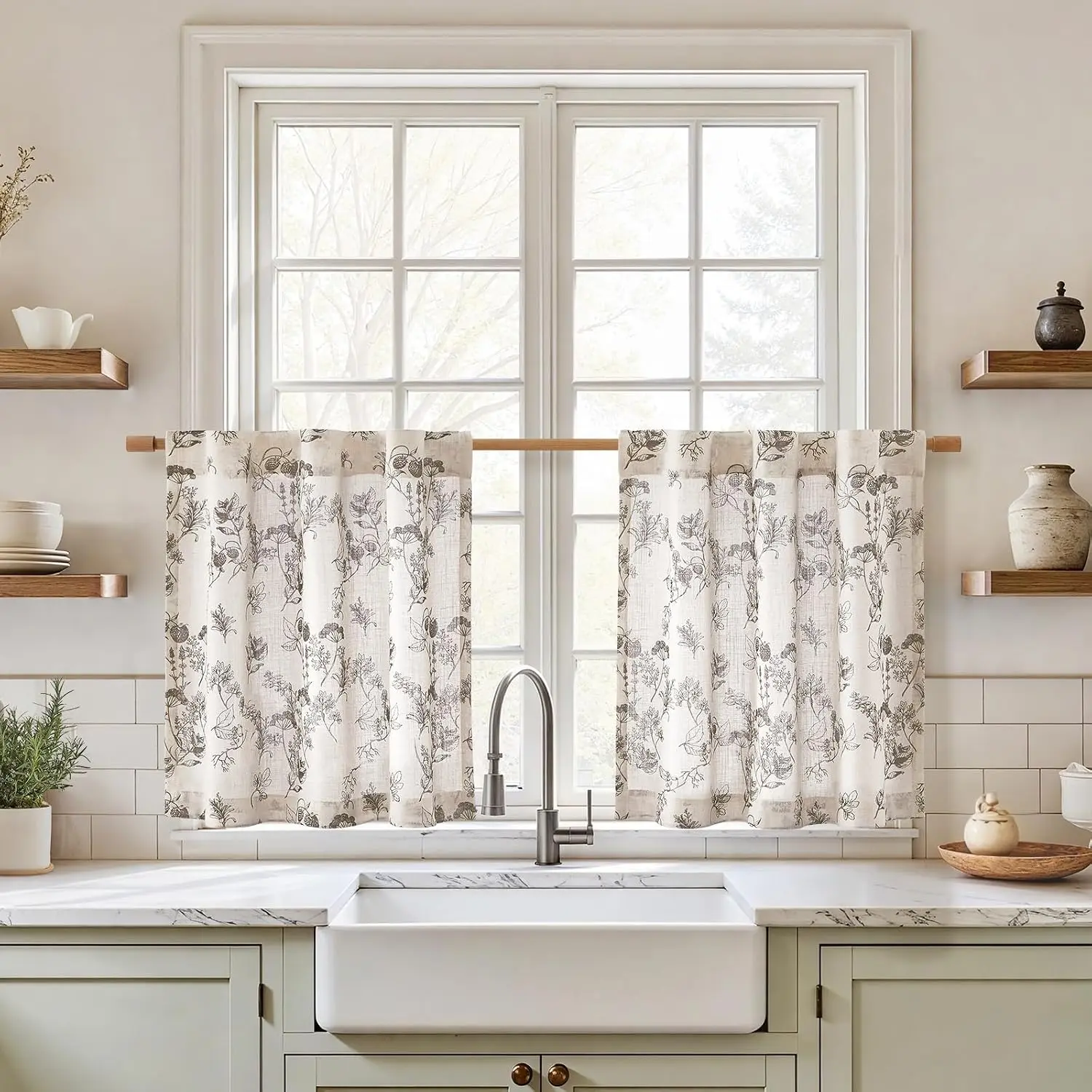 Floral Kitchen Curtains, Linen Blend, W30 × L24 Inches, 2 Panels |  ,Brown Printed ,Tier Valances,Small,Short Curtains,Windows Drapes,Cafe Living Room Bathroom