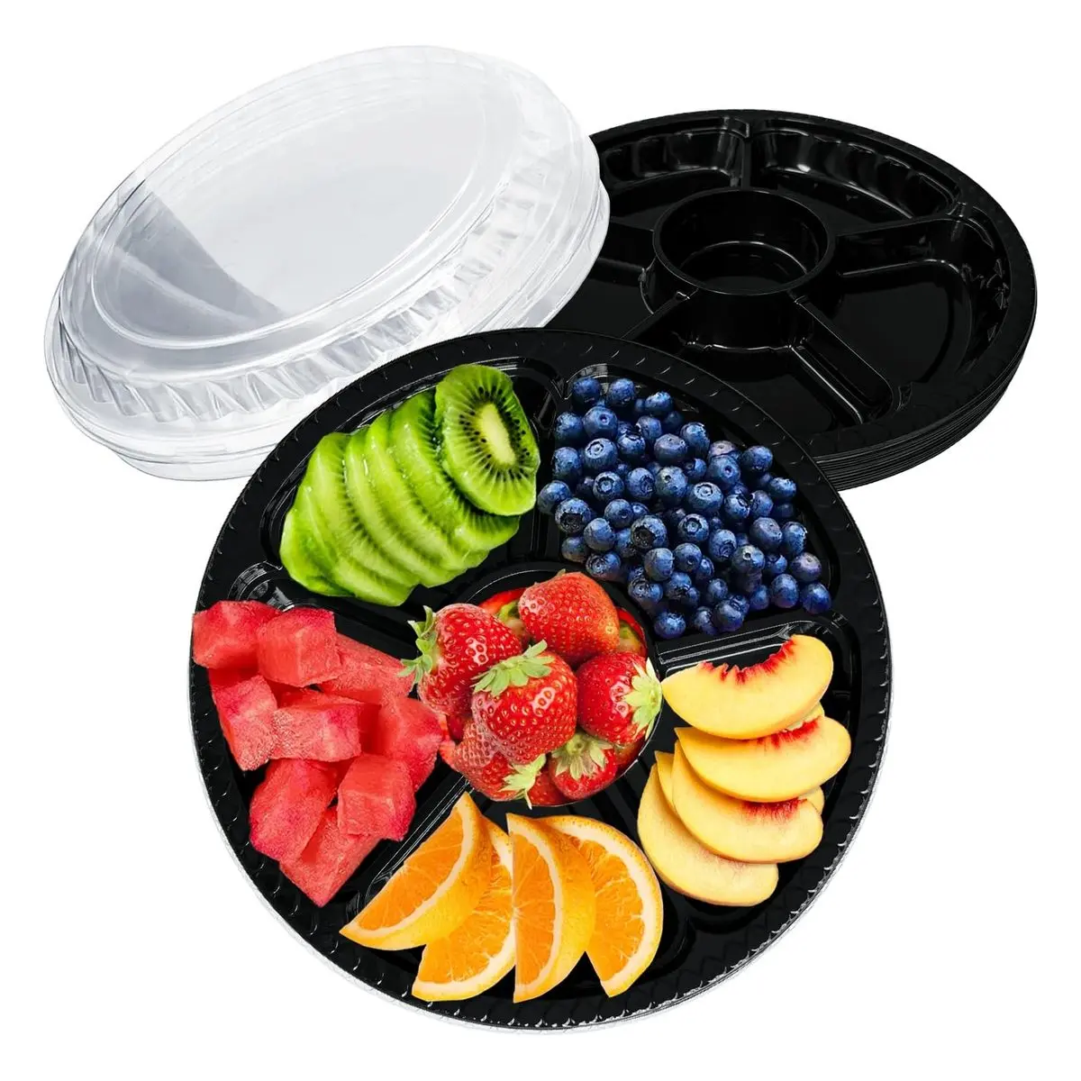12 Pack Plastic Appetizer Trays with Lids, Disposable Clear Divided Serving Tray, 6 Section Round Food Storage Container Platter for Party Snacks Fruits Vegetables