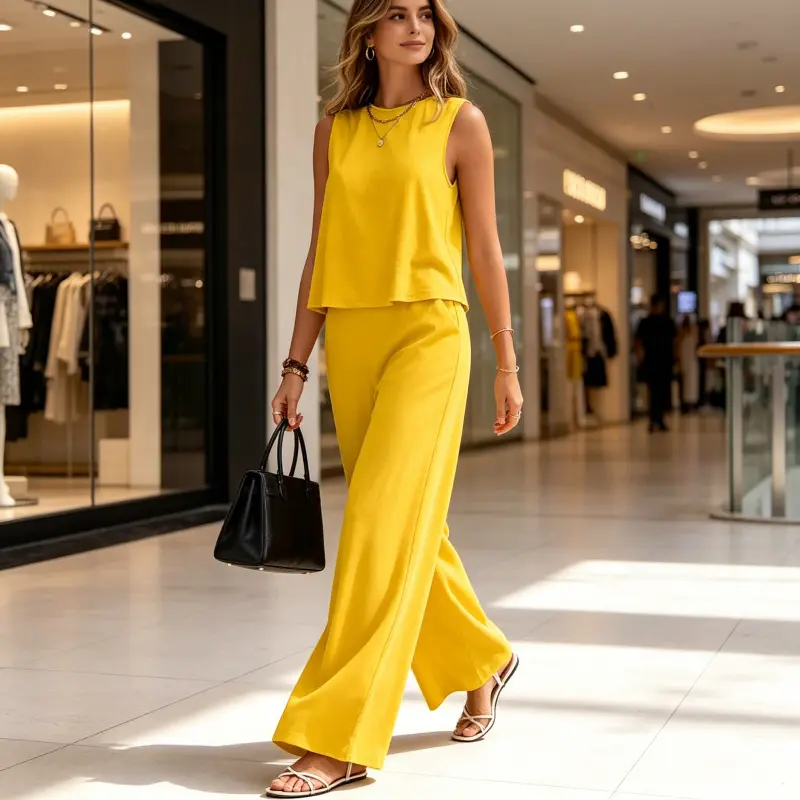 Women's 2026 New Solid Color 2-Piece Outfits - Crew Neck Tank Top & Loose-Fitting Wide Leg Pants Set, Classic Korean All Seasons Elegant Casual Suit for European American Daily Wear, Women's Casual 2 Piece Sets