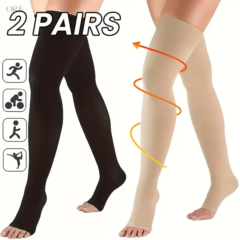 2 Styles Open-Toe Thigh High Compression Socks, Unisex High Pressure Long Stockings for Running, Cycling, Gym Workout & Sports Activities