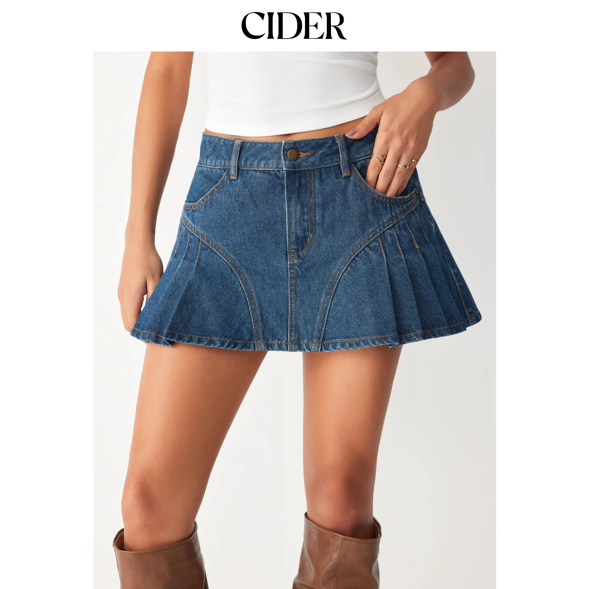 Cider Denim Mid Rise Washed Pleated Metal Detail Micro Mini Skort