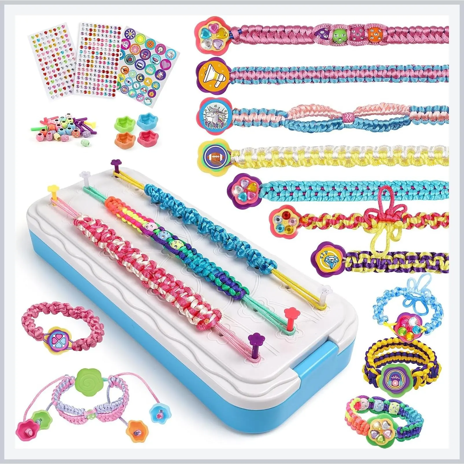 Friendship Bracelet Making Kit - Arts & Crafts for Kids Ages 8-12 - Birthday Gifts for Girls Toys, String Bracelet Maker Loom Box, DIY Gem Stickers