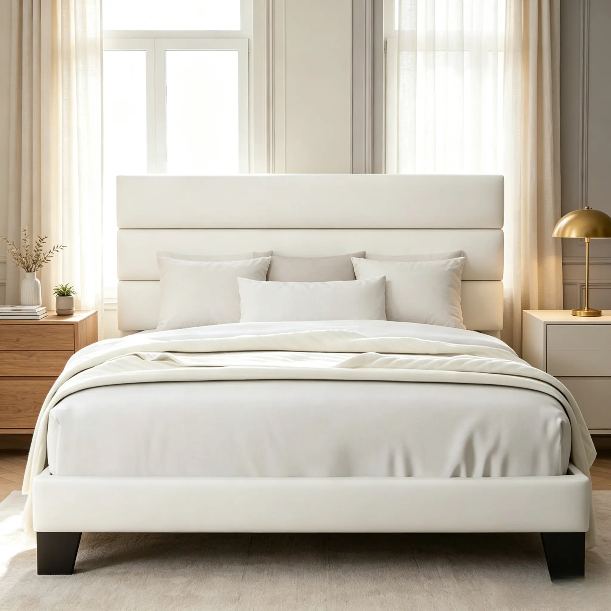 Single/Double/Large/Extra Large fabric upholstered headboard panel bed frame with wooden slat support and fully wrapped cushioned bed base; no box spring required, easy to install, cream color