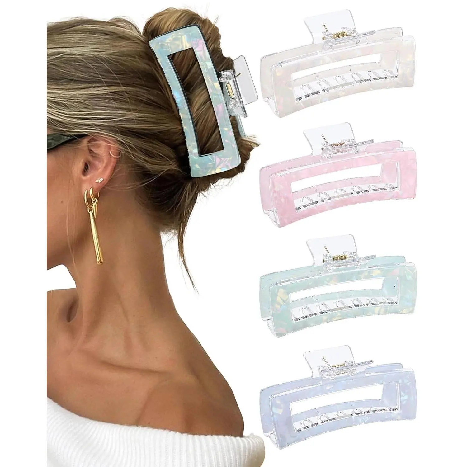 5Inch Large Hair Claw Clips 4 PCS for Women - XL Acrylic Hair Accessories for Thick Hair and Long Hair, Big Strong Durable Hair Applique, Oversized Non-slip Rectangle Butterfly Jaw Hair Clips