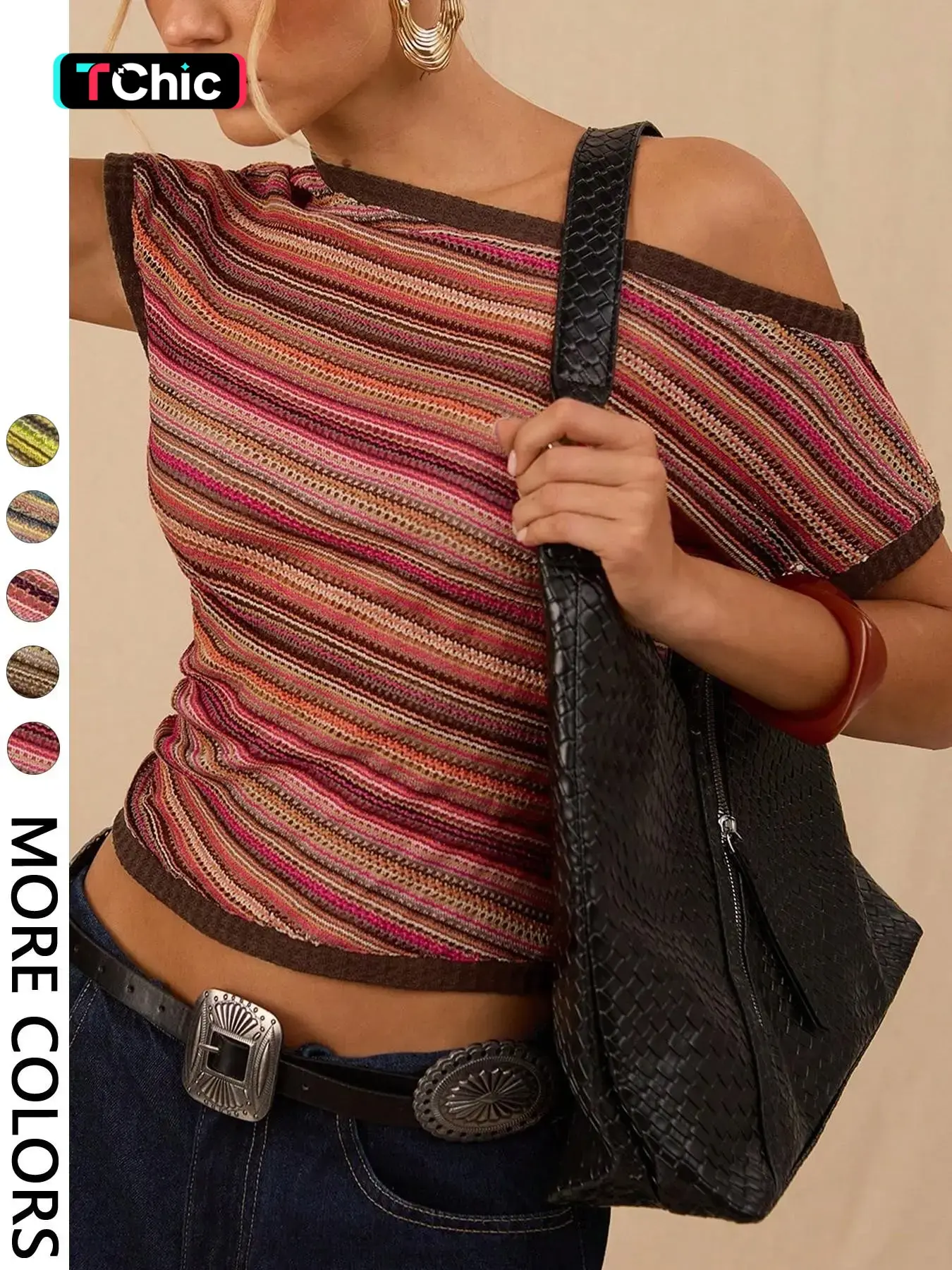 Women's Casual Striped Hollow Out T-Shirt, Summer Breathable Top, Beach Vacation Essential, Fitted Without Collar, Plain Surface