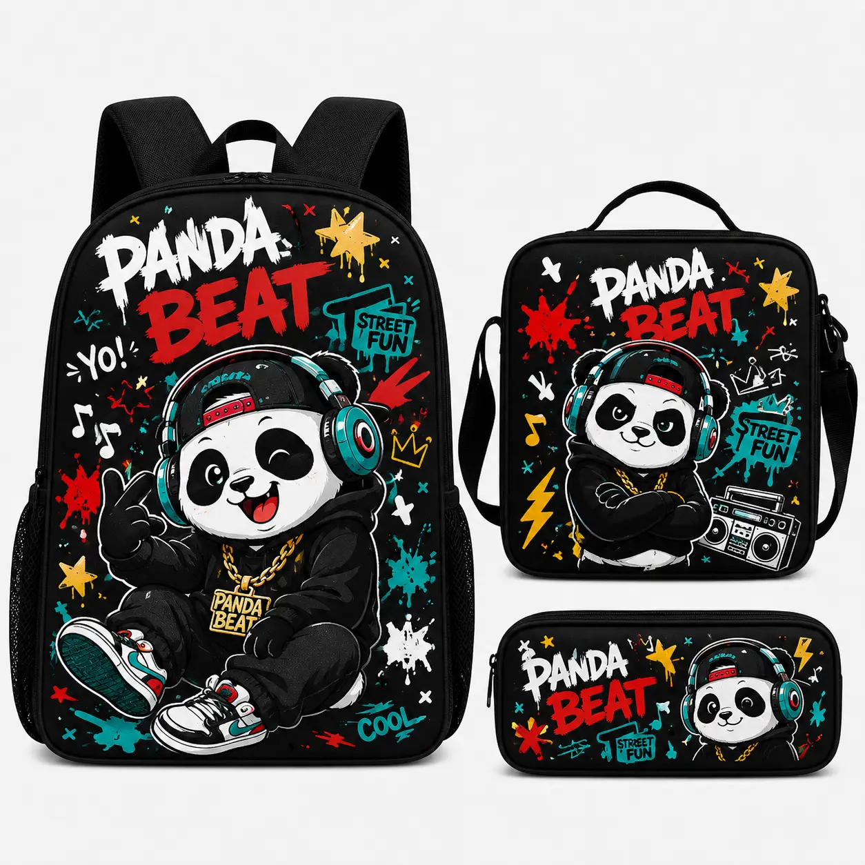 Black‑Base Graffiti Cartoon Panda School‑Supplies Bundle, "PANDA BEAT" Hip‑Hop Theme Print, Polyester Material Kids Backpack Set for Daily School, Travel and Outdoor Use.