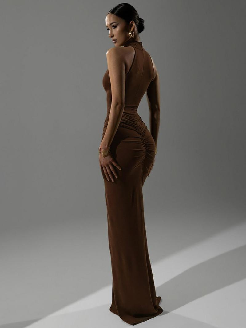 Women's Solid Ruched Halter Neck Bodycon Dress, Elegant Fashion Sleeveless Split Hem Dress for Party Club Dating Wear, Women Dress for Summer, Bodycon Side Slit