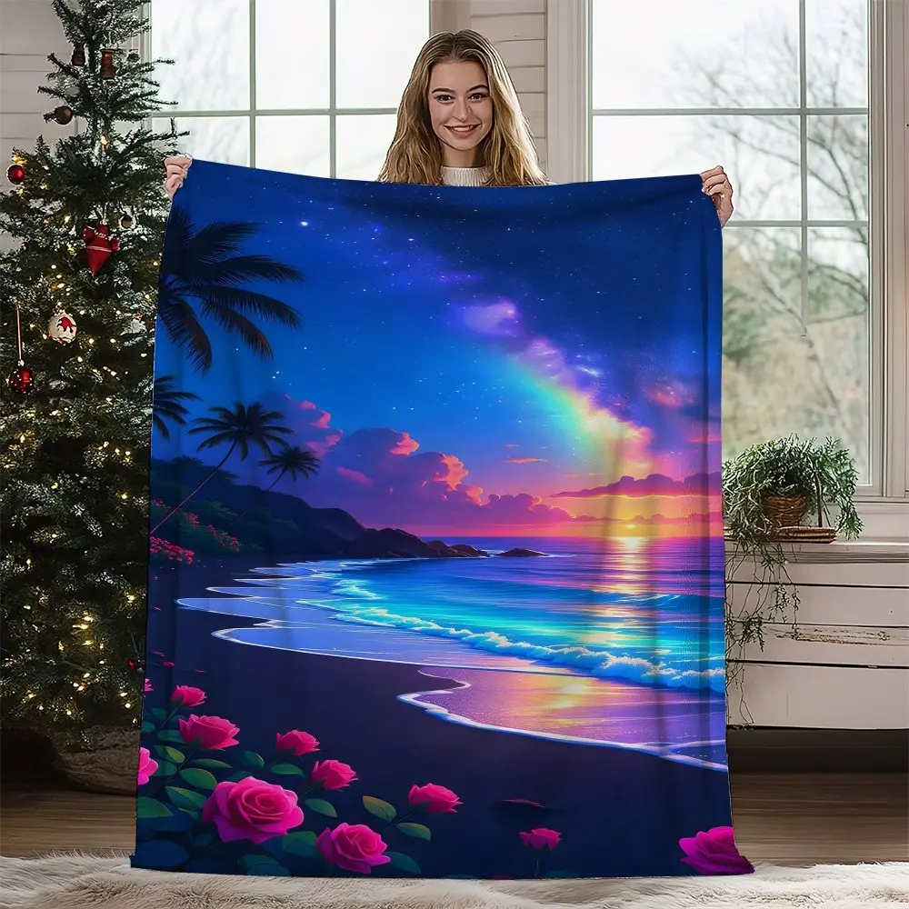 1PC  Colorful Beach Sunset Blanket with Tropical Flowers Stunning Ocean Pattern and Soft Cozy Fabric for Relaxing Comfort Flannel blanket, throw blanket, extra-large blanket, cartoon printed blanket