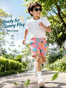 Sweet Tropical Pineapple Leaf Print Little Boys Casual Shorts Ultra Light Breezy Skin-Friendly Quick Dry Kids Board Shorts Elastic Waist For Travel Picnic Backyard Sports Preschool Preteen Summer Staple