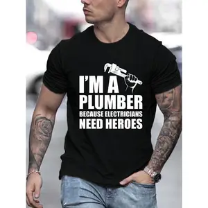 Men's Black Funny Plumber T-Shirt Graphic Tee Electrician Hero Wrench Print Short Sleeve Crew Neck Top