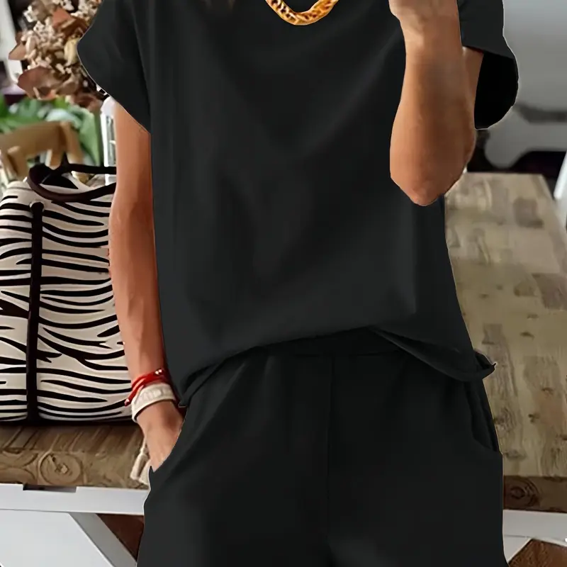 Women's Solid Basic Minimalist Co-ord Set, Casual Fitted Short Sleeve Round Neck Tee & Elastic Waist Shorts Set, Women's Summer Clothes for Daily Wear, Cute Summer Outfit