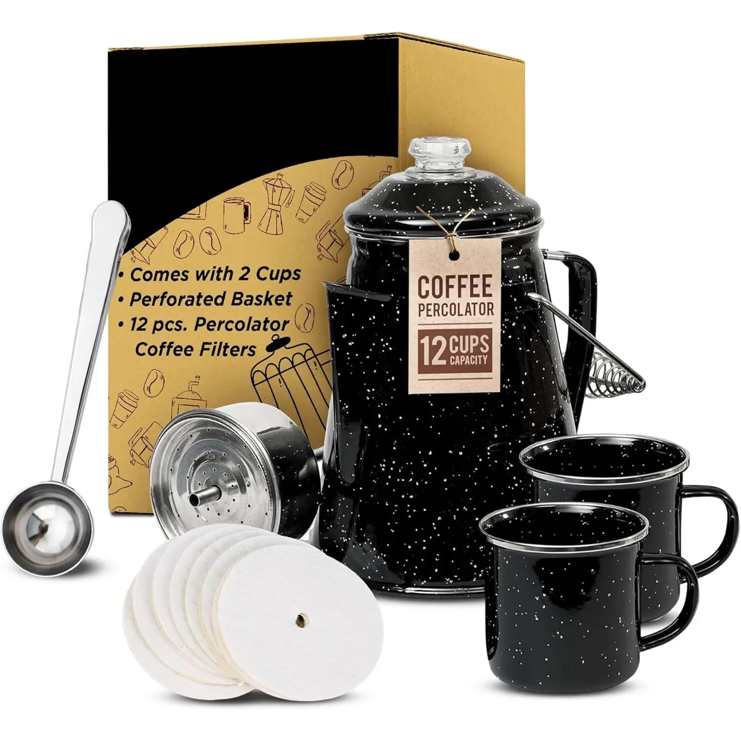 Toughty Enamel Coffee Percolator - Stovetop Coffee Maker  Camping, Open Fire, Grill, or Stove - Vintage Coffee Pot - Durable Old-Fashioned Metal Percolator w/ 2 Cups & 12 Coffee Filters - Black