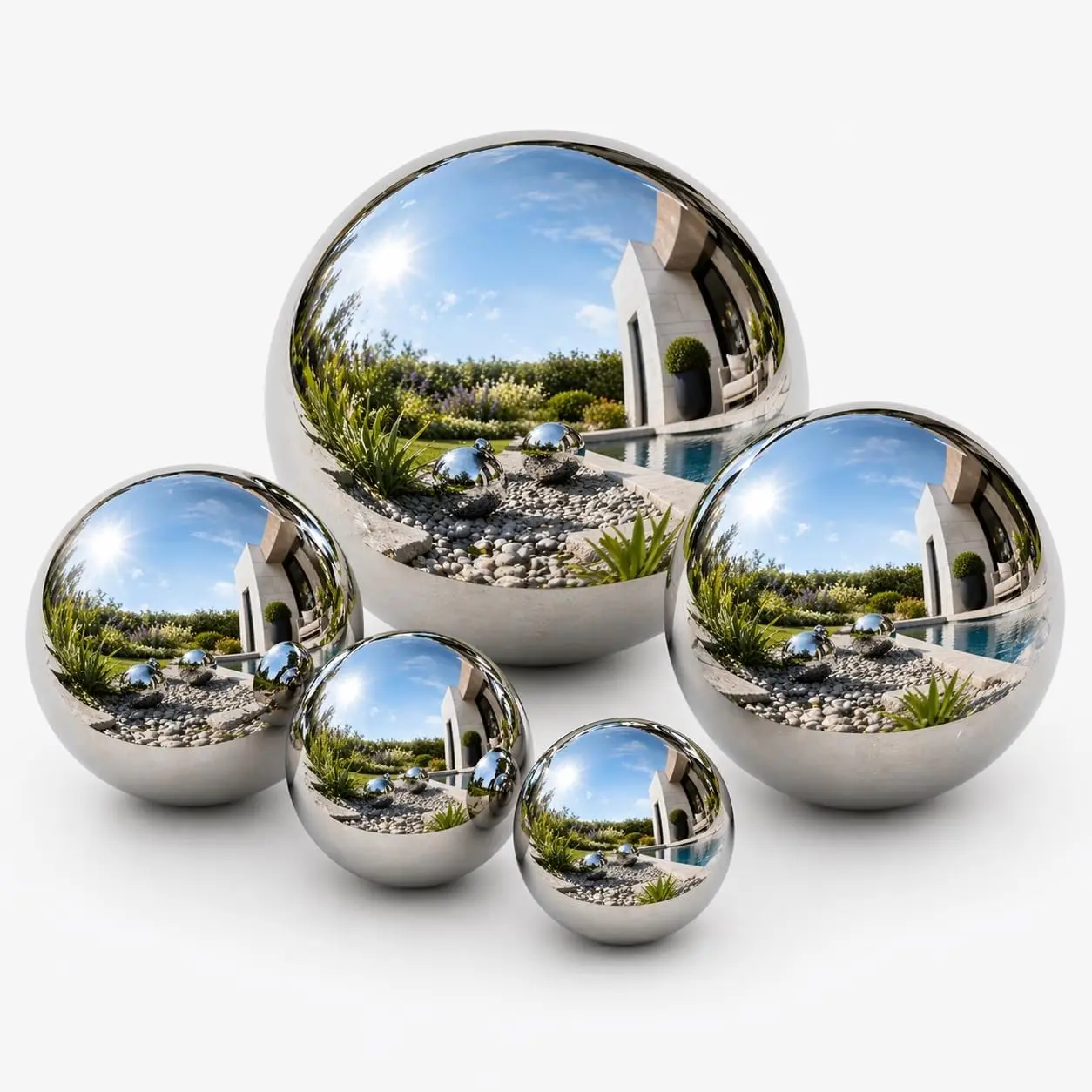 Gazing Ball Garden Mirror Outdoor, Outside Decorative Globe Silver 5Pcs Mix | Metal Polished Reflective Sphere, Stainless Steel Hollow Decoration Ornament for Home Pond Swimming Pool Housewarming Gift