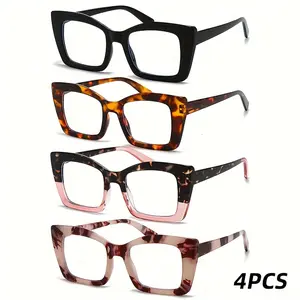 2025 new model 4-piece set of affordable colored reading glasses, stylish reading glasses suitable for both men and women, cat-eye large frame European and American trendy glasses, sturdy spring hinges, no batteries required