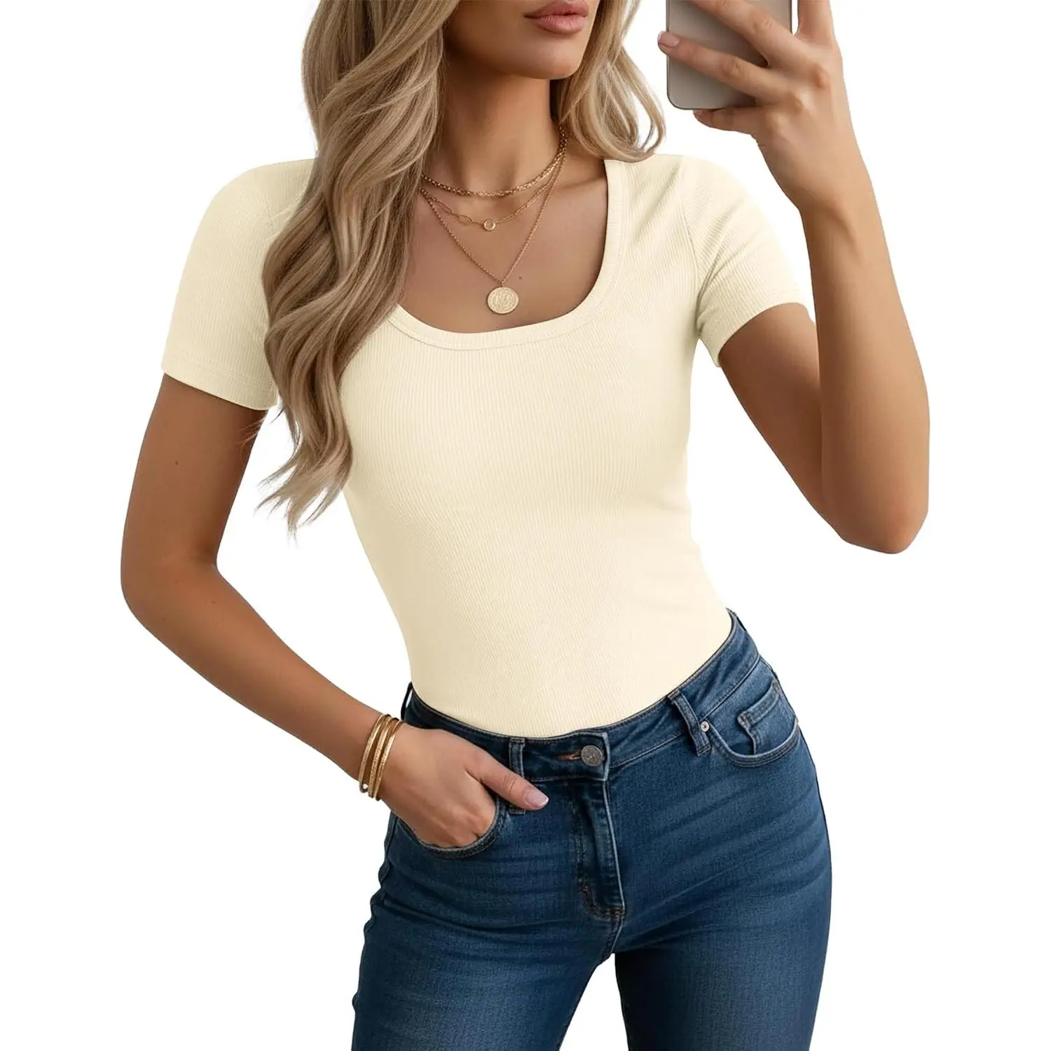 Womens Summer Tops Ribbed Knit Scoop Neck Slim Fit Tee 1-2 Pack| Short Sleeve Basic Tees for Women Soft Stretchy Lightweight Breathable Casual Wear Going Out Work Clothes