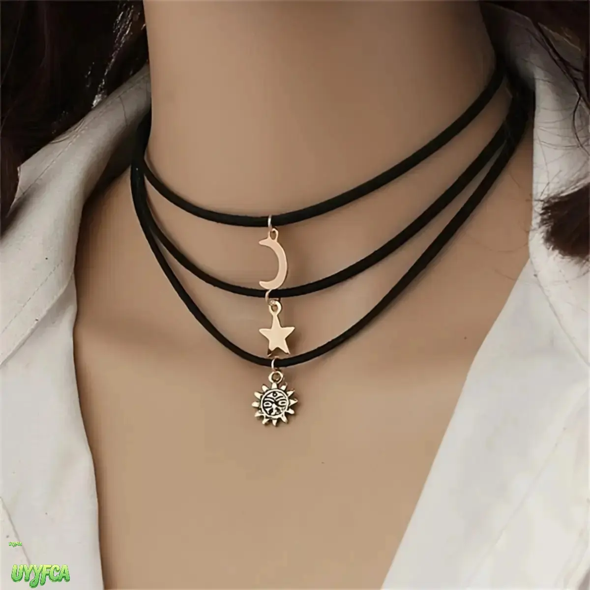 3-Piece Women Layered Choker Necklace Set, Sun Moon Star Vintage Metal Pendants With Black Cord, Boho Stackable Neck Jewelry For Daily Outfits, Party And Casual Occasions,Beach vacation,Summervibes