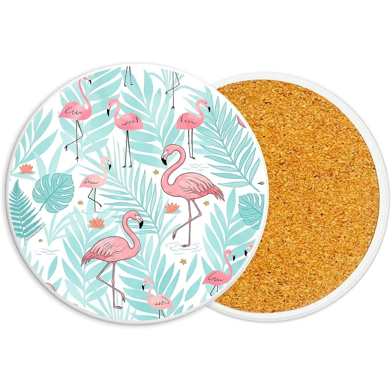 2 count Flamingos Ceramic Coasters with Anti Slip Cork Base Backing | 4 Inch Round Absorbent Drink Coaster for  Coffee Table  Office Desk Decor  Gifts for Women,Men Housewarming