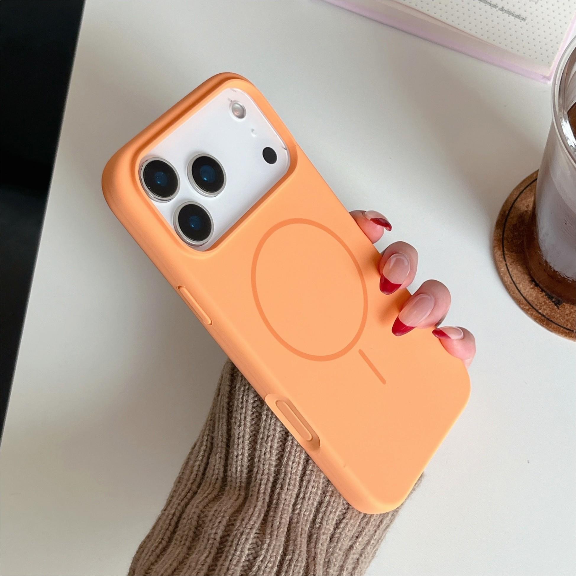 Orange thin circle magnetic suction camera button, all-inclusive, suitable for Apple 17promax mobile phone case, liquid silicone iPhone17 r skin feeling 17pro simple solid color, soft waxy 17 large holes 16