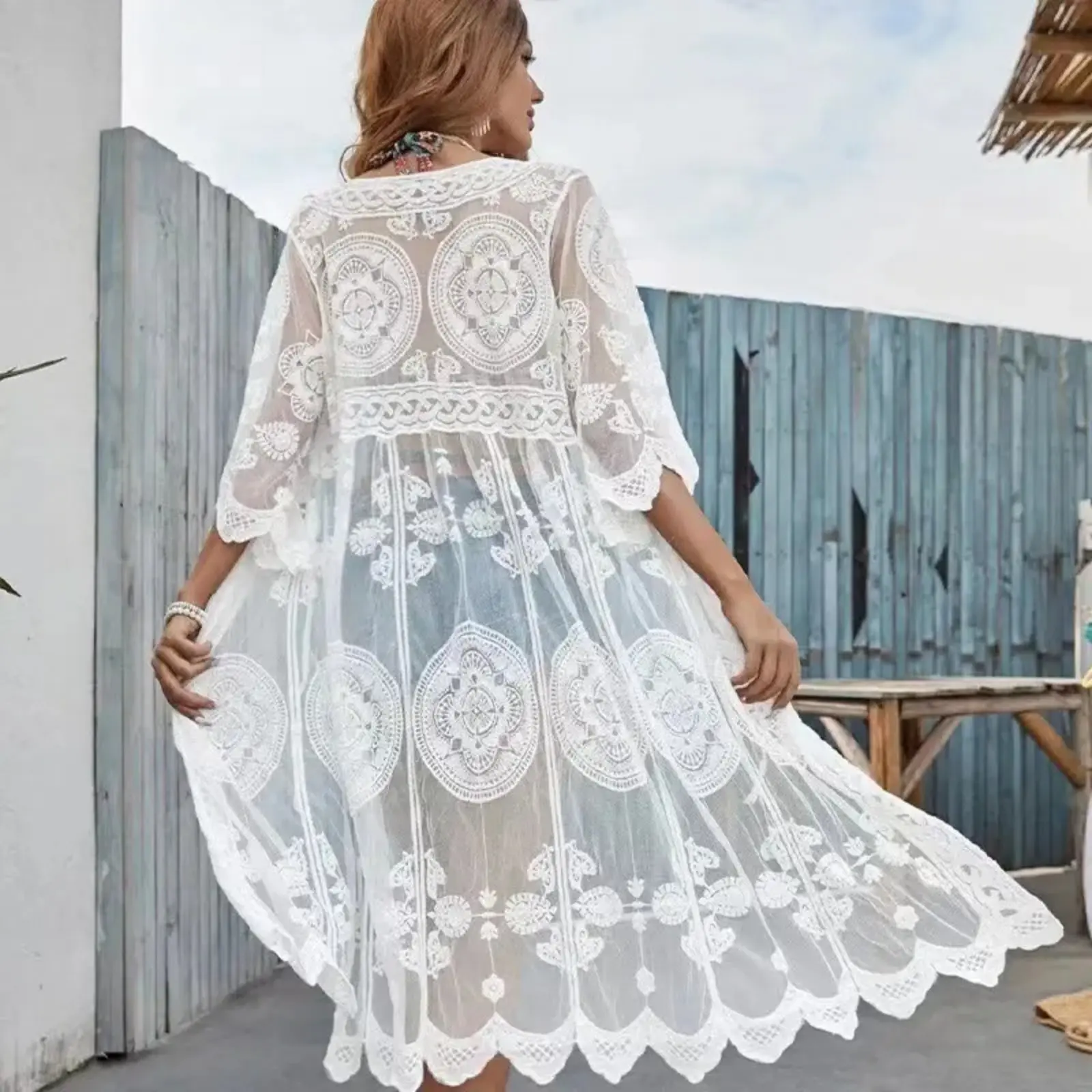 Boho Floral Lace Kimono Cover Up, Three Quarter Sleeve Long Sheer Beach Cardigan, Circular Embroidery Mesh Outfit for Women Summer Seaside and Resort Vacation