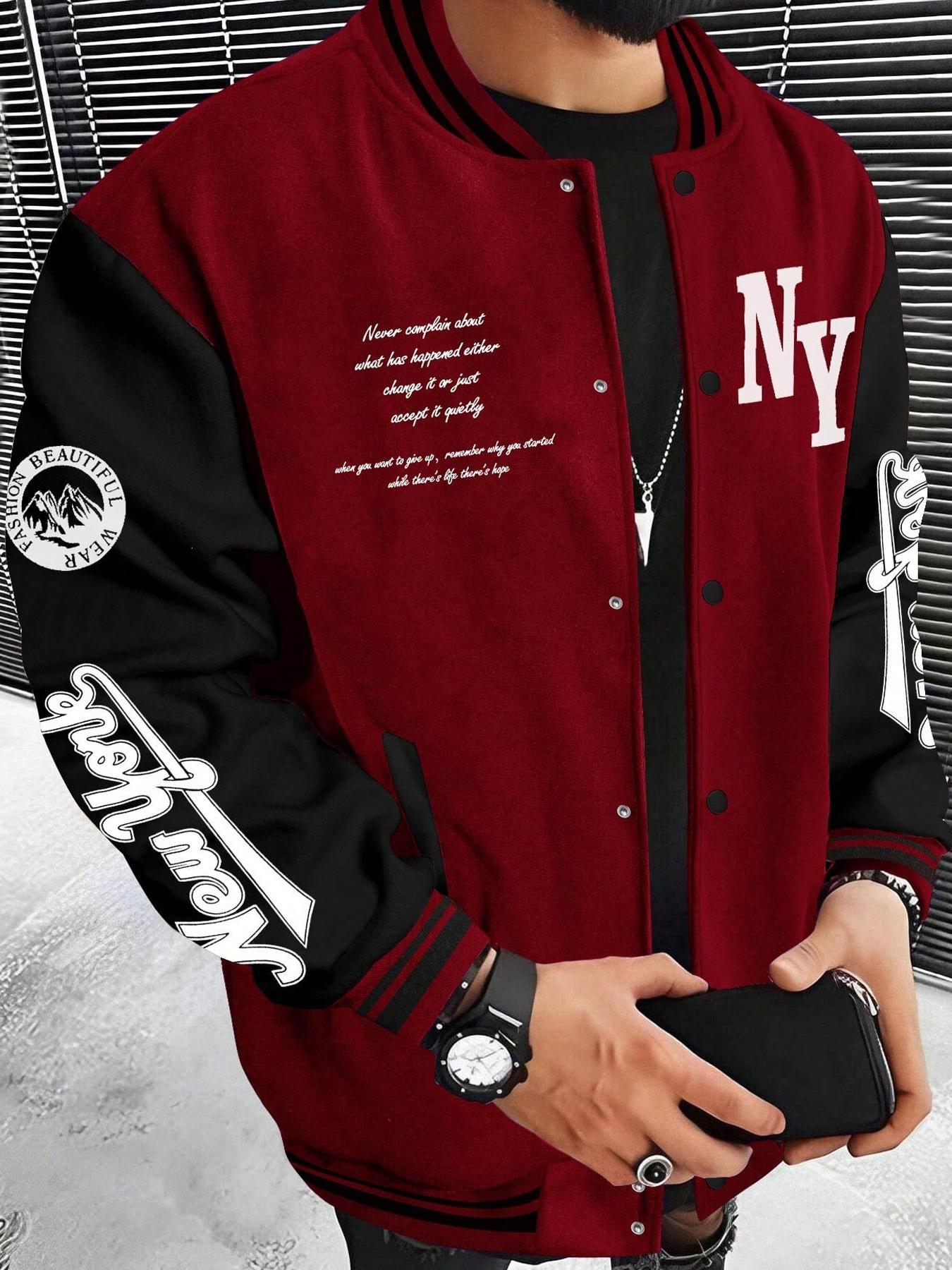 Men's Colorblock & Letter Print Button Front Pocket Varsity Jacket, Regular Fit Casual Drop Shoulder Mock Neck Outerwear for Fall & Winter, Men's Clothes for Daily Wear, Casual Athletic Jacket