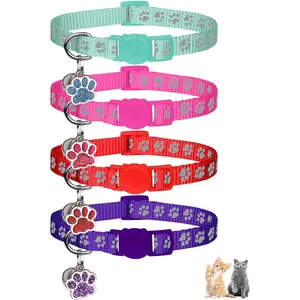 4PCS Breakaway Cat Collars,Reflective Cat Collar with Bells,Kitten Collars for Boy&Girl Cats with Paw Pendant 6-9 Inch(Purple+Hotpink+Red+Teal)