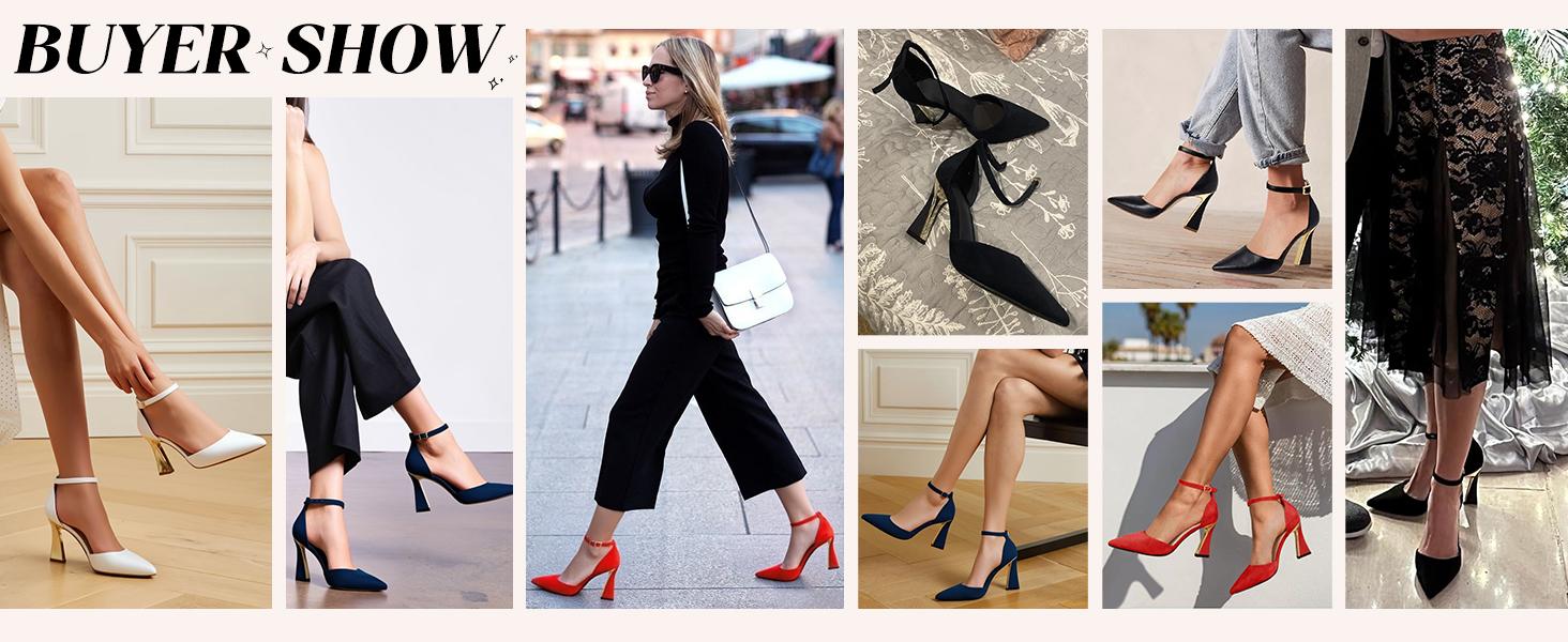 Coutgo Womens Pumps Point Closed Toe Heels Buckle Ankle Strap D'Orsay Heeled Sandals