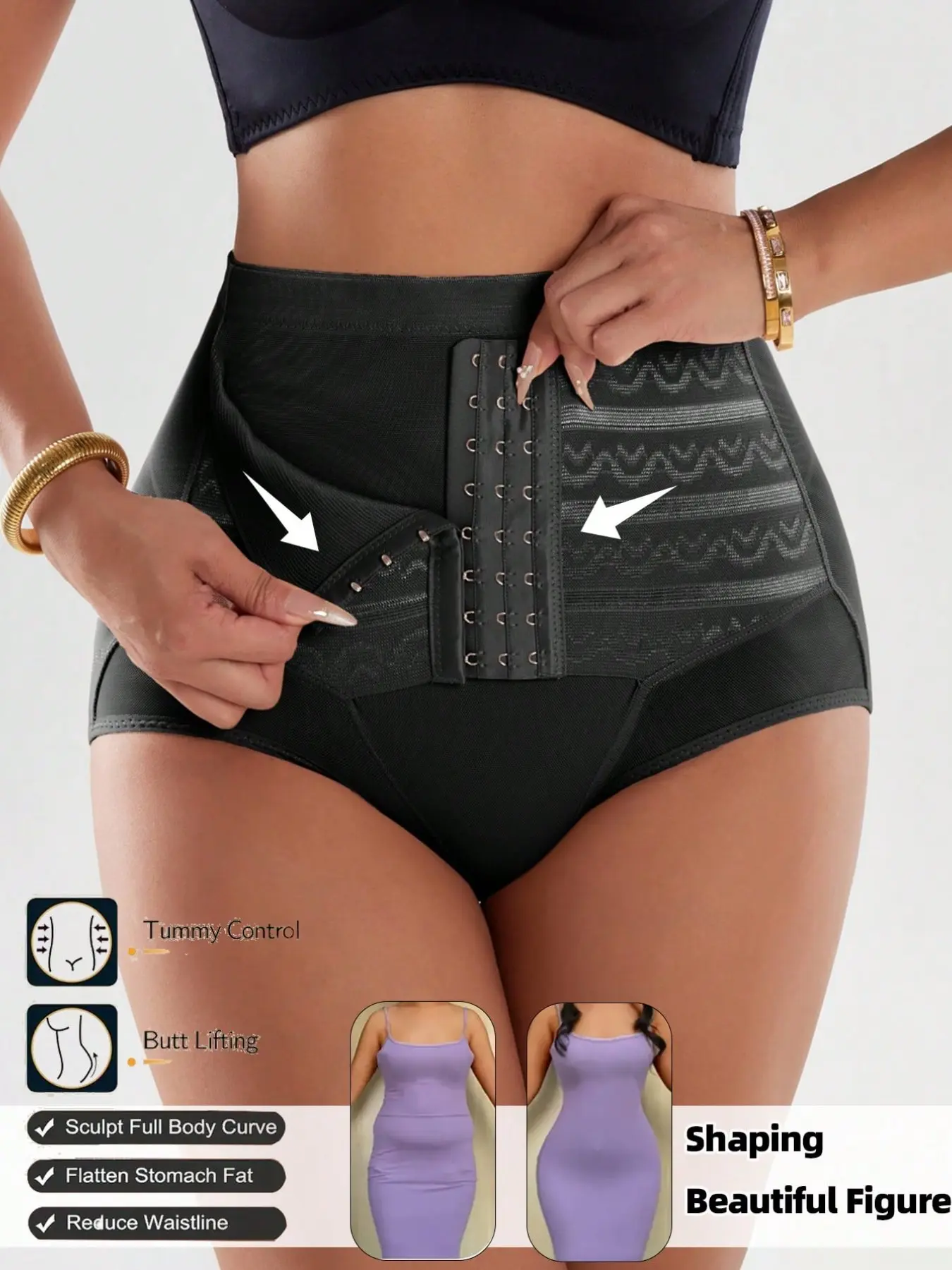 1PC Women's High Waisted Shaping Briefs Breathable Polyester Elastic Fiber Front Hook Closure Striped Mesh Butt Lifting Tummy Control Compression Underwear Mid Stretch Machine Washable Waist Shapewear Comfortable Daily Wear Elegant Underwear Secure Front