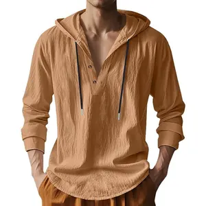 Mens Cotton Linen Hoodies Long Sleeve Button Down Shirts Casual Hawaiian Beach Yoga Sweatshirts(Gift)