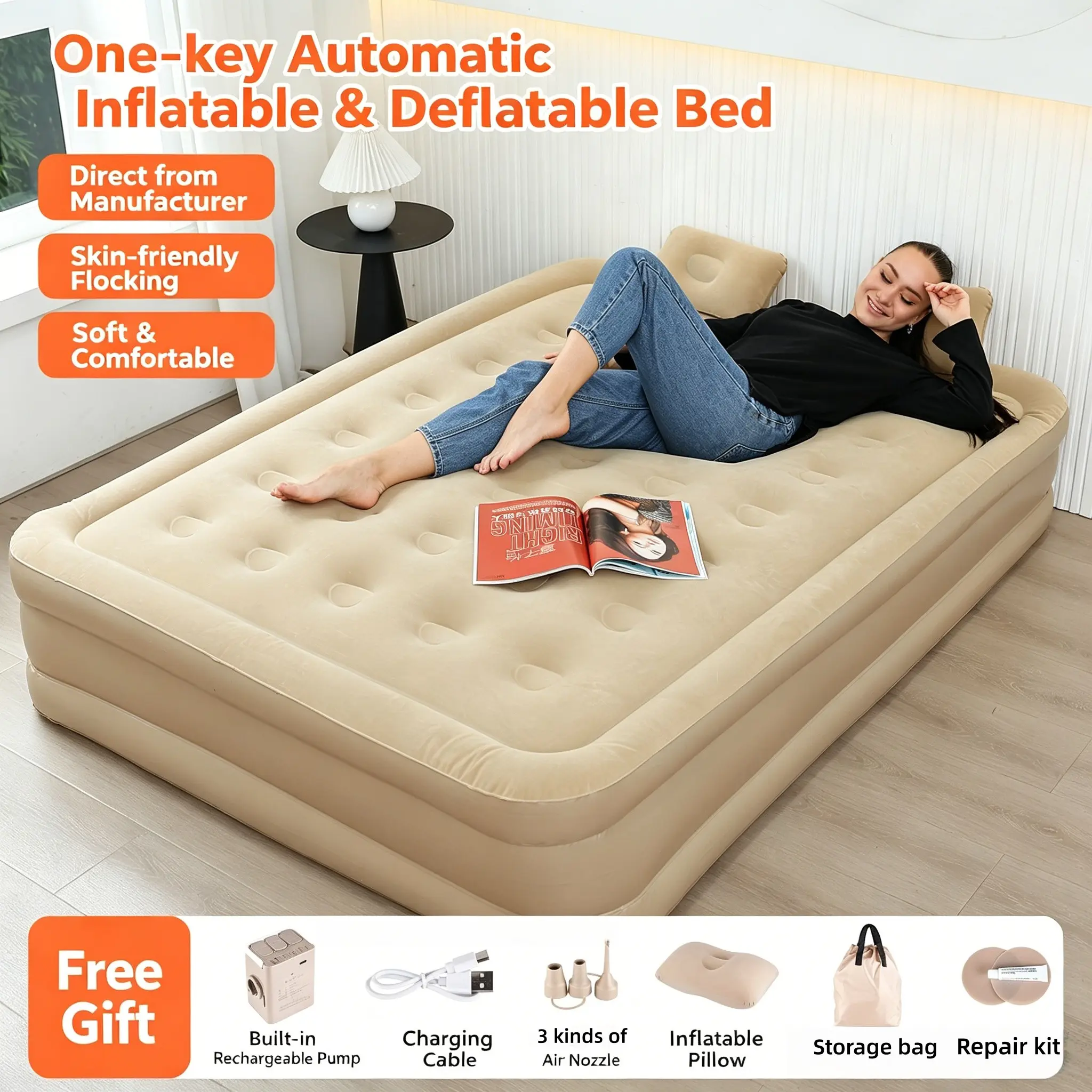 Large Camping Inflatable Mattress Blow Up Bed with Rechargeable Pump, Waterproof Breathable Layer, Includes Pillow, Nozzle, Storage Bag, Repair Kit, Airbeds