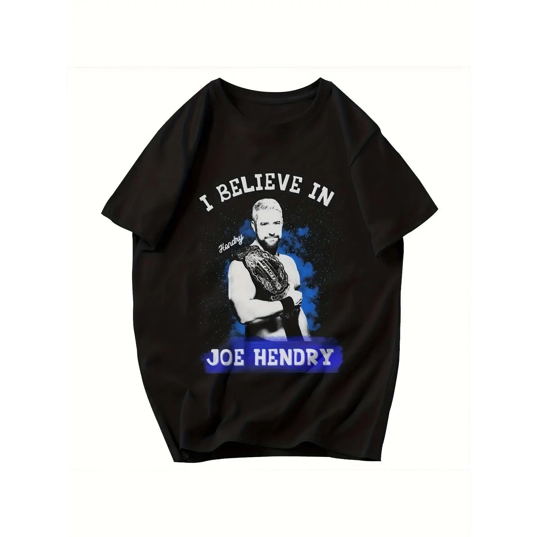 Men's Joe Hendry Vintage Wrestling Tshirt - Champion Belt Portrait, Blue Smoke Galaxy Graphic, Soft Cotton Shortsleeve - Novelty Street Style Costumes, Sports Fan Gift Top, Foldable, 3Xl, 4Xl, 5Xl, Anti-Crack, Cold Wash