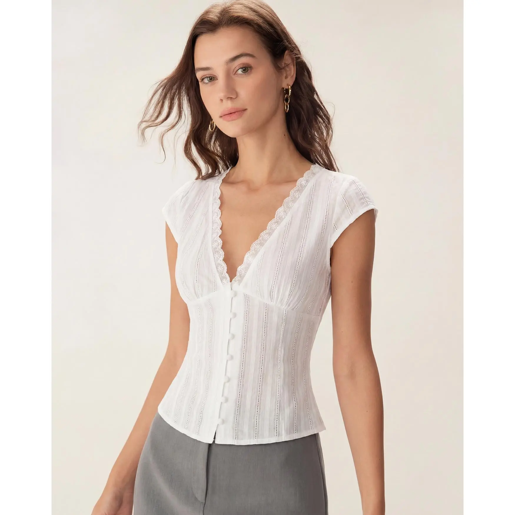 White V Neck Textured Tee