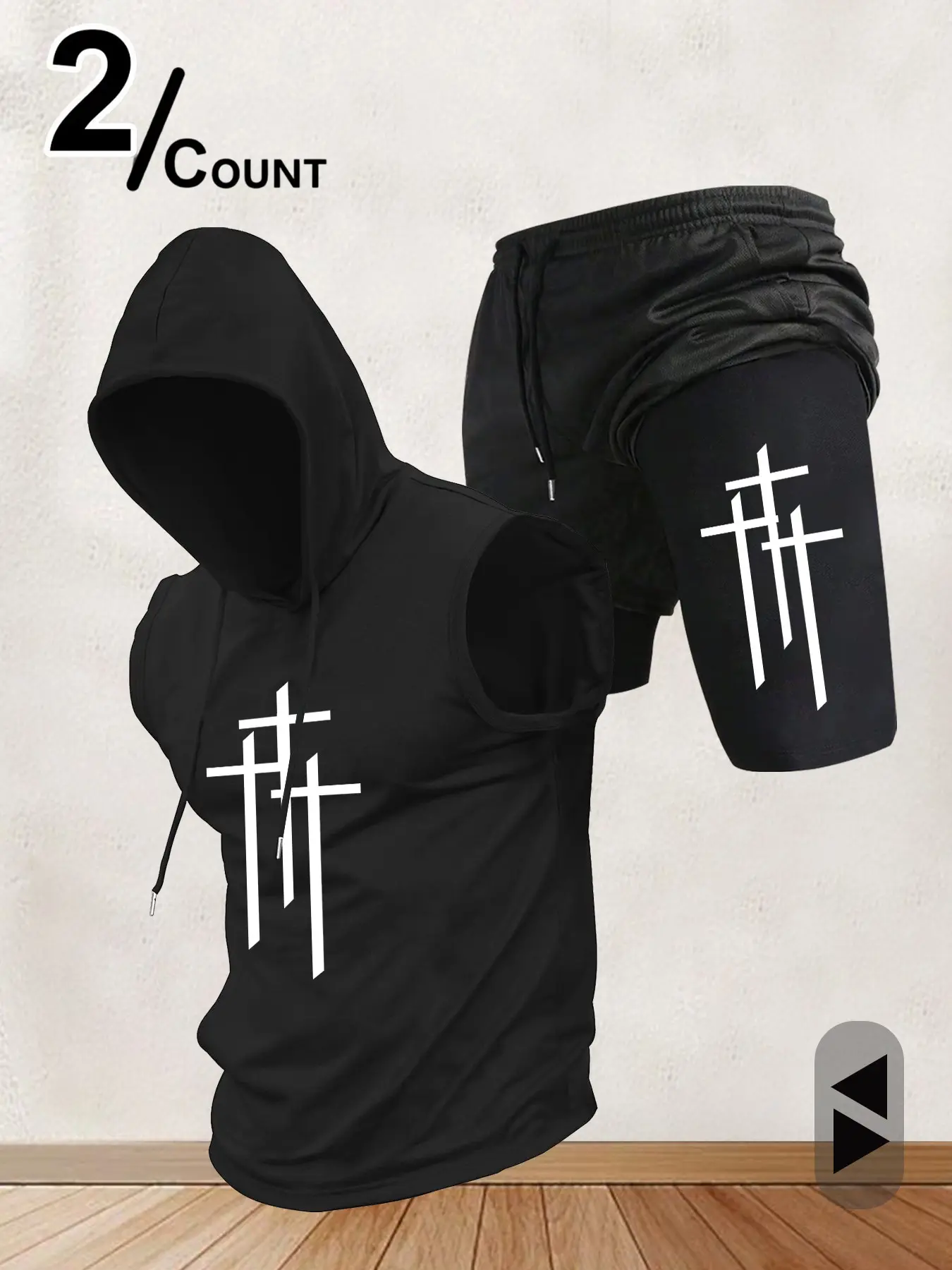 Men's Bestseller Cross Print Sleeveless Hoodie & Shorts Set, 2-Piece Tracksuit for Gym, Workout, Running, Outdoor Fitness & Daily Casual Wear#2PieceOutfit
