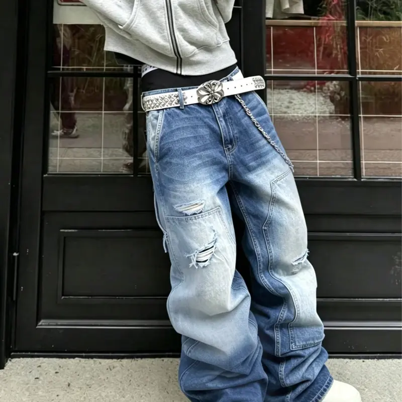 Y2K Millennial Gradient Blue Denim Jeans, Loose-Fitting Ankle-Length, Button Fly, Mid Waist, Casual Street Style, Unisex Baggy Pants, Streetwear