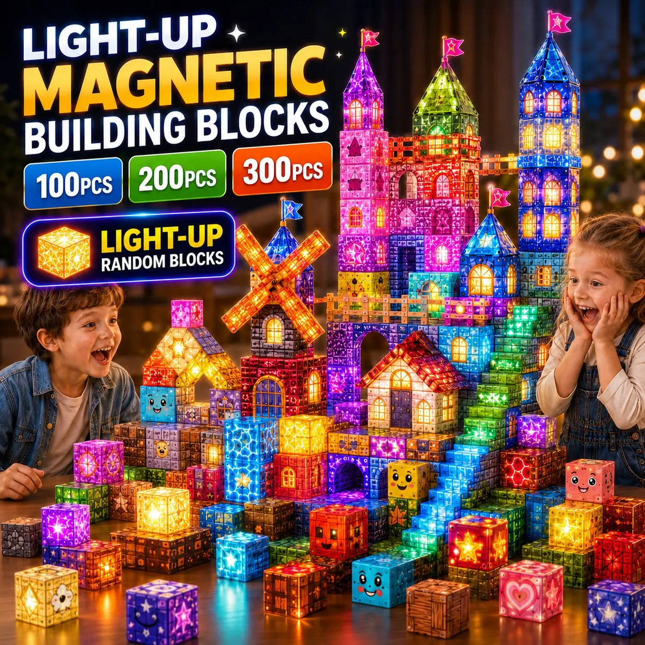 100PCS/200PCS/300PCS Light-Up Magnetic Building Blocks, LED Magnetic Cubes with Strong Magnets, STEM Montessori Sensory Construction Toy for Kids Ages 3+, Creative Stacking Set, Birthday Christmas Gift for Boys & Girls