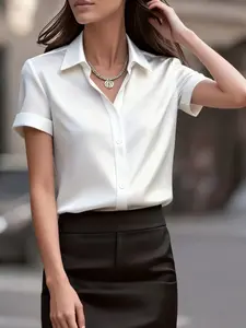 Elegant Women's Satin Short Sleeve Blouse, Plus Size Commuter Style, High-End Drapey Career Top, Comfortable Office Wear