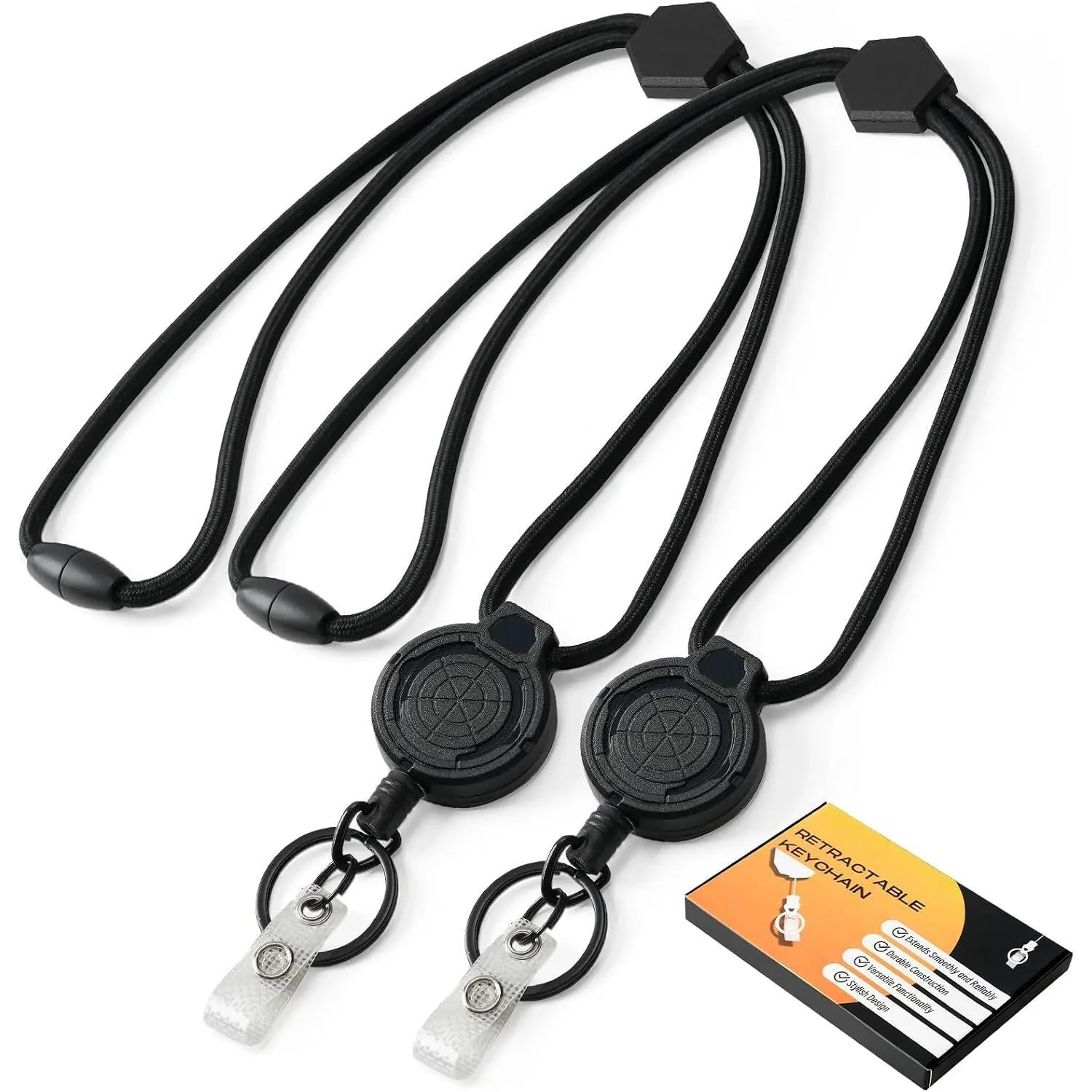2 Pack Heavy Duty Retractable Lanyard with 25" Steel Wire Cord, Smooth 8oz Badge Reel, Soft Breakaway Lanyards for ID Badges and