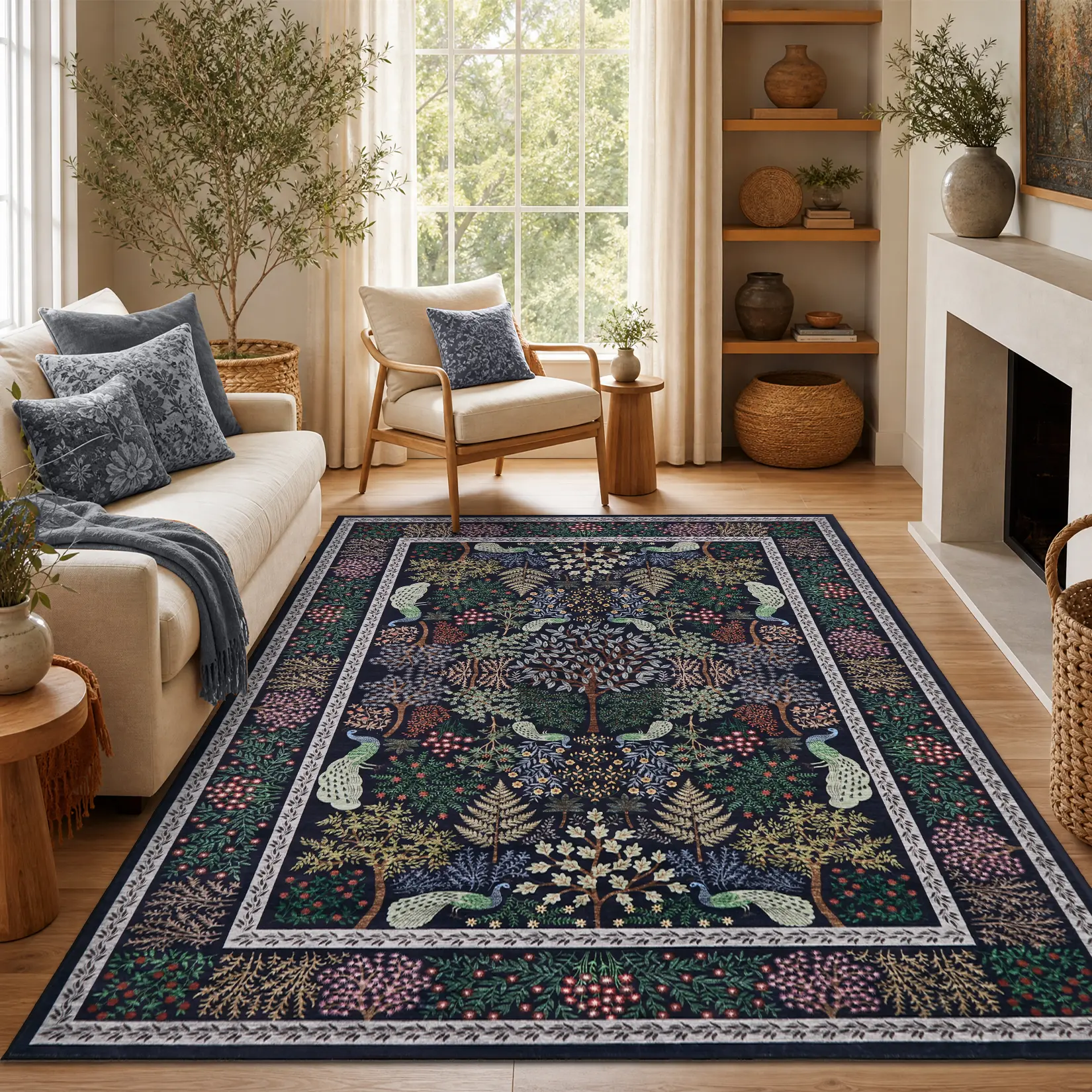 Plant Patterned Printed Rug Washable Area Rug Peacock Animal Print Rug Soft Non Slip Foldable and Lint Free for Farmhouses Restaurants Living Rooms and Bedrooms